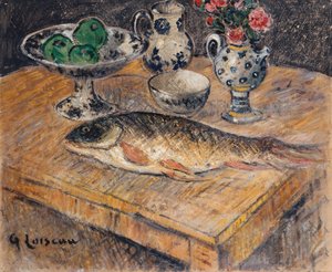 魚、花、リンゴのある静物。魚、花、リンゴのある静物、 作： Gustave Loiseau
