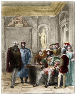 フランス王フランソワ1世の宮廷でのレオナルド・ド・ヴィンチ（Leonardo da Vinci alla corte del re di Francia Francesco primo）.19世紀のグスタフ・グリューの版画。19世紀、ギュスターヴ・グルーの版画。