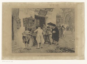 書店のディスプレイの周りに集まった男性 Les Bibliophiles (オブジェクトのタイトル) 作： Gustave Marie Greux