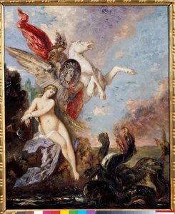 岩に鎖でつながれたアンドロメデはペルセによって運ばれる 絵画：ギュスターヴ・モロー（1826-1898）の作品 作： Gustave Moreau