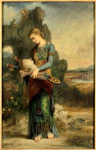 オルフェ トラキア人の少女がオルフェの頭をかぶっている。ギュスターヴ・モロー（1826-1898）による絵画。1865年、木に油彩、Dim.1,54x0,99 m パリ、オルセー美術館 - オルフェウス。トラキア人の少女がオルフェウスの頭を救出している。ギュスターヴ・モロー（1826-1898）による絵画、木部に油彩 作： Gustave Moreau