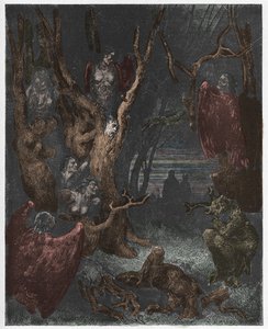 インフェルノ、カント13：自殺の森のハーピー、ダンテアリギエーリ作「The Divine Comedy」（1885年）（デジタル色の彫刻）