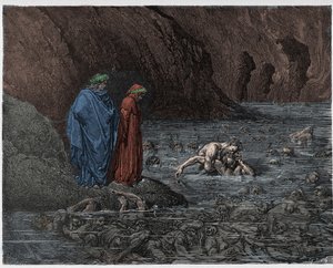 インフェルノ、カント32：Ugolino（Ugolin della Gherardesca）は大司教ルッギエリ（Ruggeri Ubaldini）の頭をかじります 作： Gustave after Dore