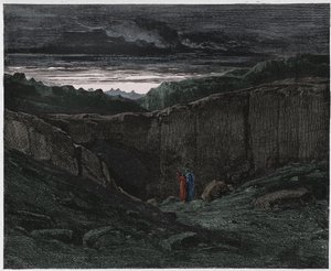 インフェルノ、カント3：地獄の門でのヴァージルとダンテ、ダンテアリギエーリ作「The Divine Comedy」（1885年）（デジタル色の彫刻）