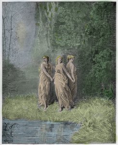 Purgatorio、Canto 29：慈善、希望、信仰、ダンテアリギエーリ作「The Divine Comedy」（1885年）のイラスト（デジタル色の彫刻） 作： Gustave after Dore