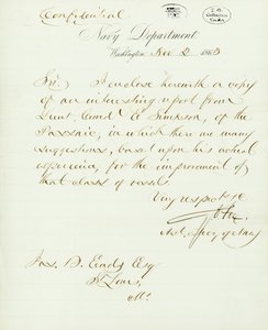 1863年11月2日、ワシントンの海軍省、G.V.Foxの署名入りの手紙がJas.B. Eads [James B. Eads], St. Louis, Mo., 1863年11月2日