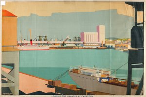 南アフリカの夏のオレンジ」シリーズより「ケープタウンでオレンジを積み込む」（カラーリトグラフ） 作： Guy Kortright