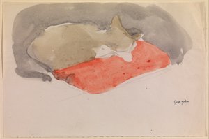 赤いクッションの上で眠っている猫（紙にガッシュと鉛筆）