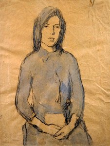 少女、両手を膝の上に置く（鉛筆・水彩・紙） 作： Gwen John