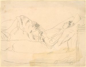 ベッドに横たわる少女（紙に鉛筆書き） 作： Gwen John