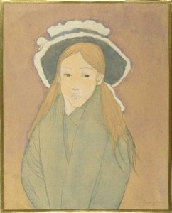 大きな帽子と麦わら色の髪の少女、1910年代（トイレ、ガッシュとグラファイト、紙）