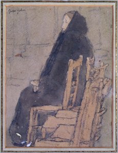 黒いショールを着た老婆 (ベージュの紙に水彩、ボディカラー、黒いクレヨン) 作： Gwen John