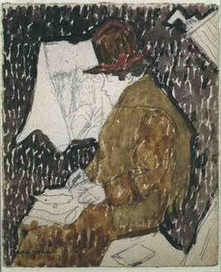 鉄道車両に乗った女性の横顔（水彩・紙） 作： Gwen John