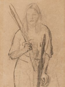 彼女の手で木製のポストを持つ立っている女の子（鉛筆＆紙の上で洗う） 作： Gwen John