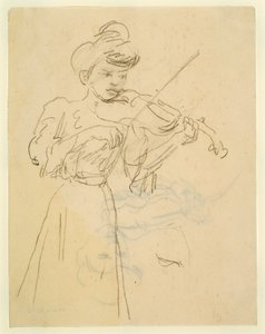 立ってヴァイオリンを弾く女性（紙に鉛筆書き） 作： Gwen John