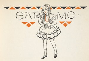 私を食べて」と書かれた小さなケーキを持ったアリスのイラスト。