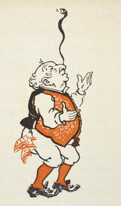鼻の上で蛇のバランスをとるスマートな服装の男のイラスト。 作： Gwynedd M. Hudson