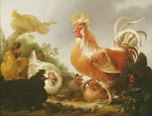 風景の中のおんどりと鶏1649