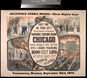 1878年のグリズウォルドオペラハウスでの1871年のシカゴ火災に関するパノラマとジオラマドラマの広告