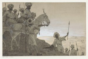 砂漠の風景で馬に乗った戦士