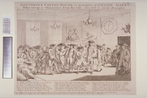 「ジョナサンのコーヒーハウス、または変化路地の分析」、生涯のキャラクターのグループ、1763年 作： HOニール