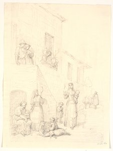 イタリアの家の外の女性と子供 作： H.W. Bissen