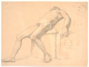 男性、ヌード、リクライニング モデルの研究。 T.h。 2 つの肖像画の頭部、1 つはおそらくコンスタンティン・ハンセン