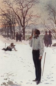 拳銃で顔を隠してじっとしているアンリが待っていた（カラーリトグラフ 作： H. Delaspre