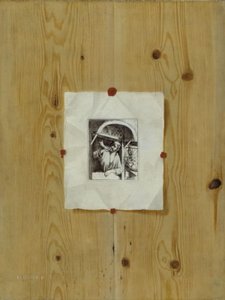 だまし絵。 ホーンを鳴らしているベイカーのエッチングが施されたボード 作： H. Drost
