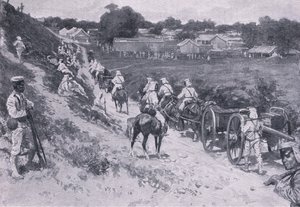 シーモア提督の遠征。行進する日本軍（リトグラフ 作： H. M. Koekkoch