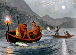 1813年、北アメリカでトーチライトで釣りをするネイティブアメリカン 作： H Merke