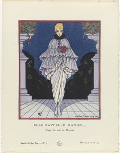 Gazette du Bon Ton、1914 - No. 5、Pl. 45: 彼女の名前はマノン (...) / Doucet のイブニングケープ (オブジェクトのタイトル) 作： H. Robert Dammy