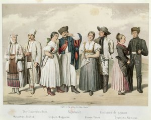 ガブリエル・ド・プロネイ作「ハンガリーの人気のある生活のスケッチ」（1855年）のルーマニア、ハンガリー、スロバキア、ドイツの農民の衣装（左から右） 作： H. Veber