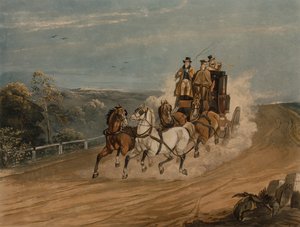 時間の後ろの郵便馬車 (カラー彫刻) 作： H. Walker
