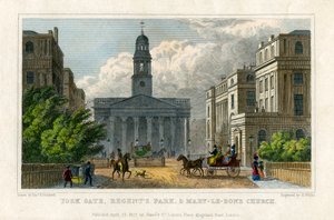 ヨーク ゲート、リージェンツ パーク、メアリー ル ボーン教会、ロンドン、1827 年 作： H Wallis