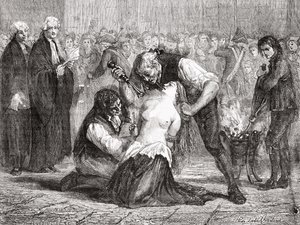 マイヤー・ハイネによって彫刻されたマダム・ド・ラ・モットの拷問は、ルイ・ブラン（1811-82）の「歴史革命フランセーズ」から 作： H. de la Charlerie