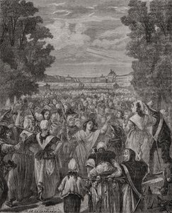 1789年10月5日〜6日、ヴェルサイユに行進する女性たち。ルネブラン（1811-82年）の「歴史革命フランセーズ」からパンネメーカーリグニーが彫刻