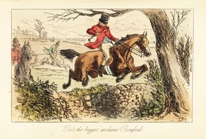 石垣を飛び越え、低い枝の下を通る危険なジャンプをするイギリスの猟師 作： after Hablot Knight Browne