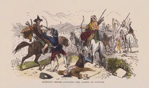 タルタル人に襲われ、奪われたロビンソン・クルーソー（彩色済み彫刻 作： after Hablot Knight Browne