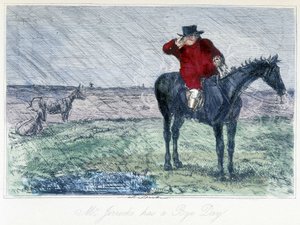 雨の日のホースハンティングシーン。トーマス・スコットまたはハウバック・グランジの冒険」から狐狩りを題材にしたイギリスの風刺画、イラストはH.K.ブラウンとW.T.モードによるもの。 作： Hablot Knight Browne