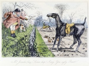 馬上の狩猟シーンH.K.ブラウンとW.T.モードが描いた「トーマス・スコットまたはホーバック・グランジの冒険」から、キツネ狩りの様子を描いたイギリスの漫画。 作： Hablot Knight Browne