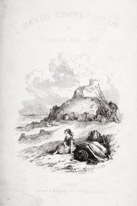 チャールズ・ディケンズ（1812-70）の「David Copperfield」（1850年初版）のタイトルページイラスト（リトグラフ）。 作： Hablot Knight Browne