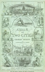 チャールズディケンズの本「2つの都市の物語」1859年に連載された最初の版の最初の部分のタイトルページ