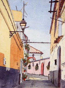 サイドストリート、ポジターノ、イタリア、2024年頃（水彩・インク） 作： Hadley Rampton