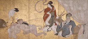 七福神（紙本、墨、彩色、金箔、六屏風） 作： Hanabusa Itcho