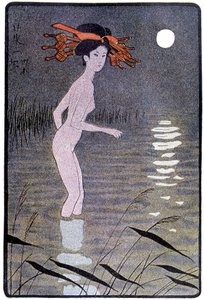 月明かりに照らされた池で水浴びをする若い日本人 - Félicien Champsaur作「日本人形」より。花房一丁、パリ