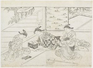 1つの部屋に3人の売春婦、1770年代初頭（木版画） 作： Hanabusa Shigenobu