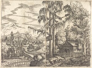 農家の小屋と川の近くの町の見える風景 作： Hanns Lautensack