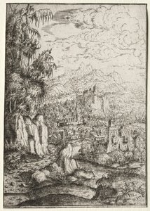 川の島の城への道のある風景、1554年。 作： Hanns Sebald Lautensack