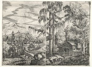 川沿いの町と木々の間のコテージのある風景、1551年。